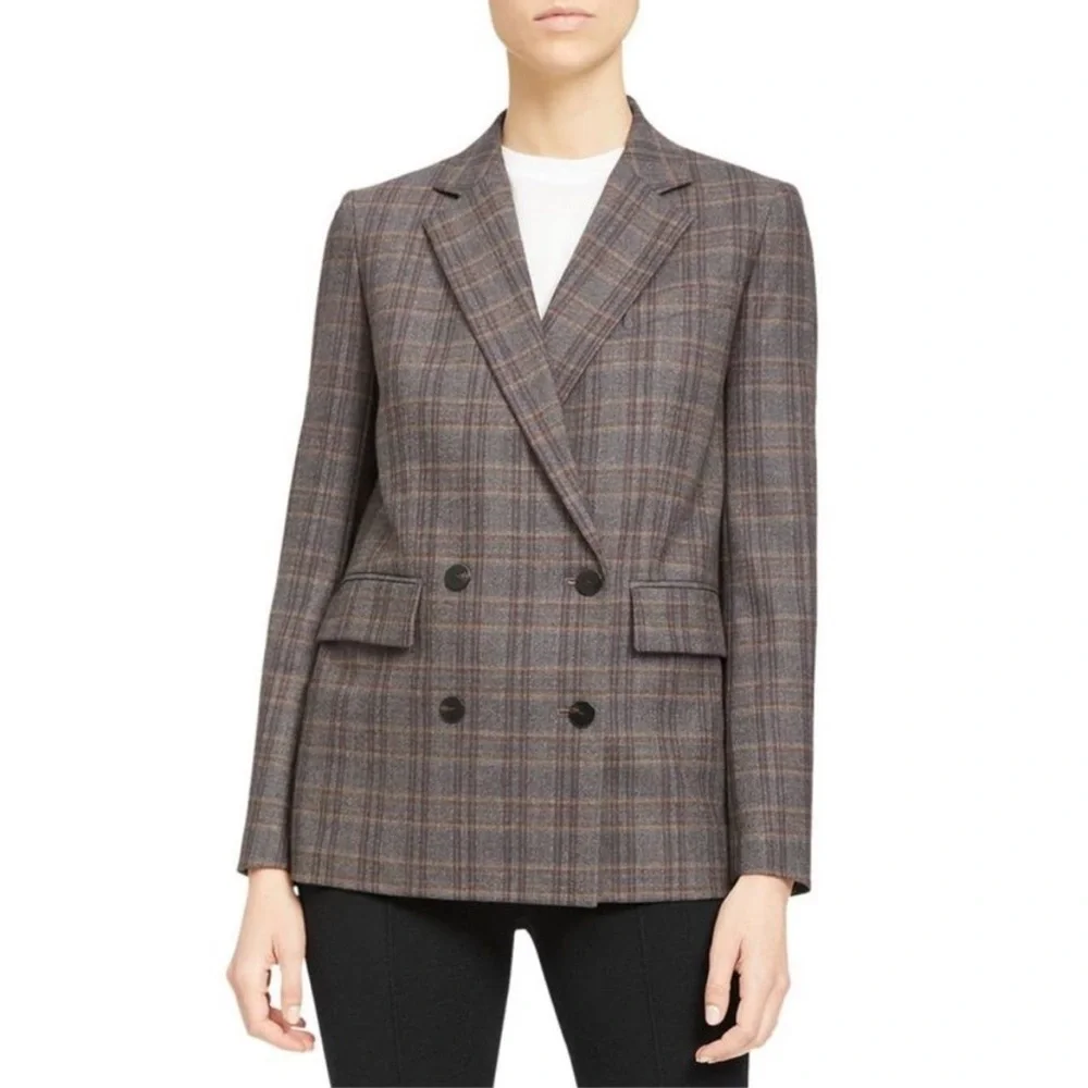 NWT Theory Piazza Plaid Double Breasted Blazer Jacket Multi Griffin Virgin Wool